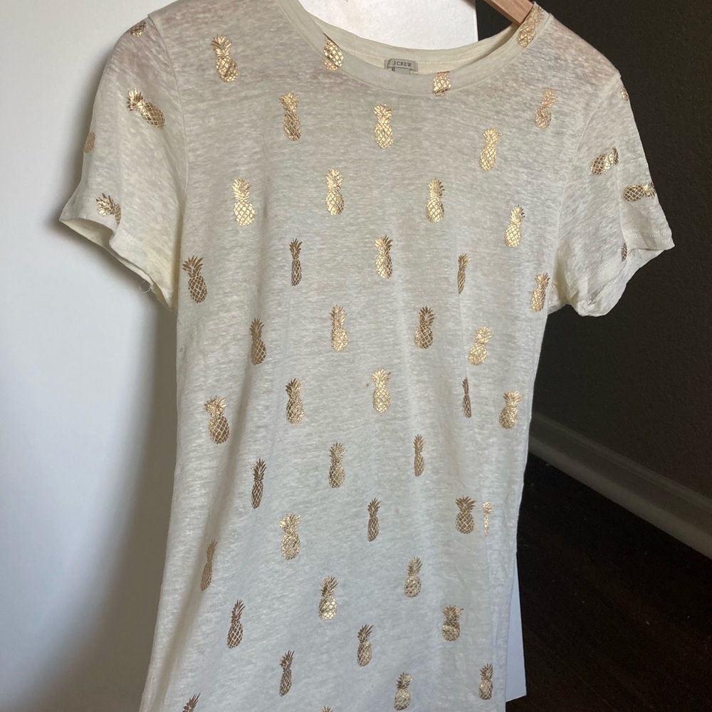 J.Crew Linen Gold Foil Pineapple Print T Shirt Size Small